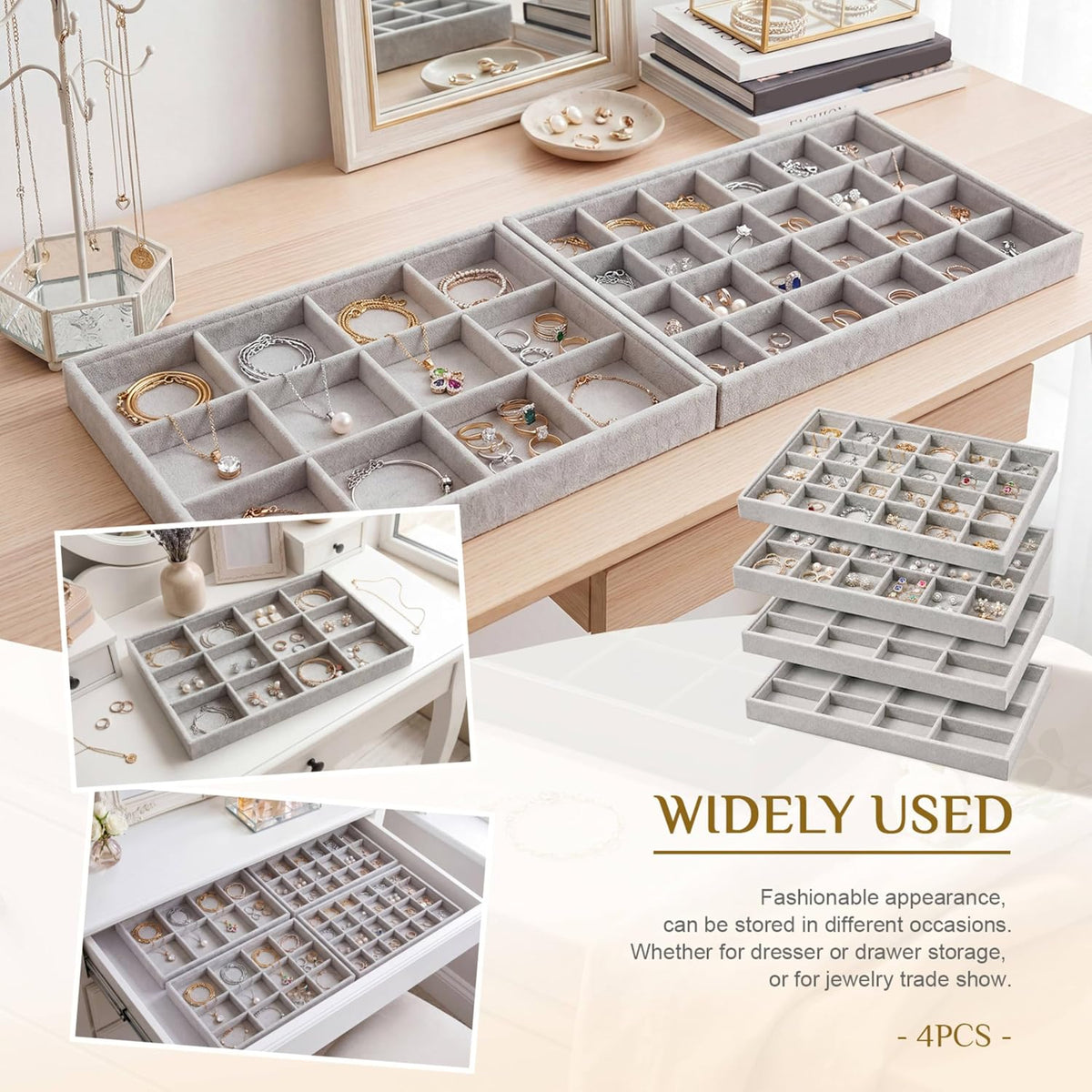 Unittype Set of 4 Stackable Jewelry Organizer Trays, 24+12 Grid, Gray