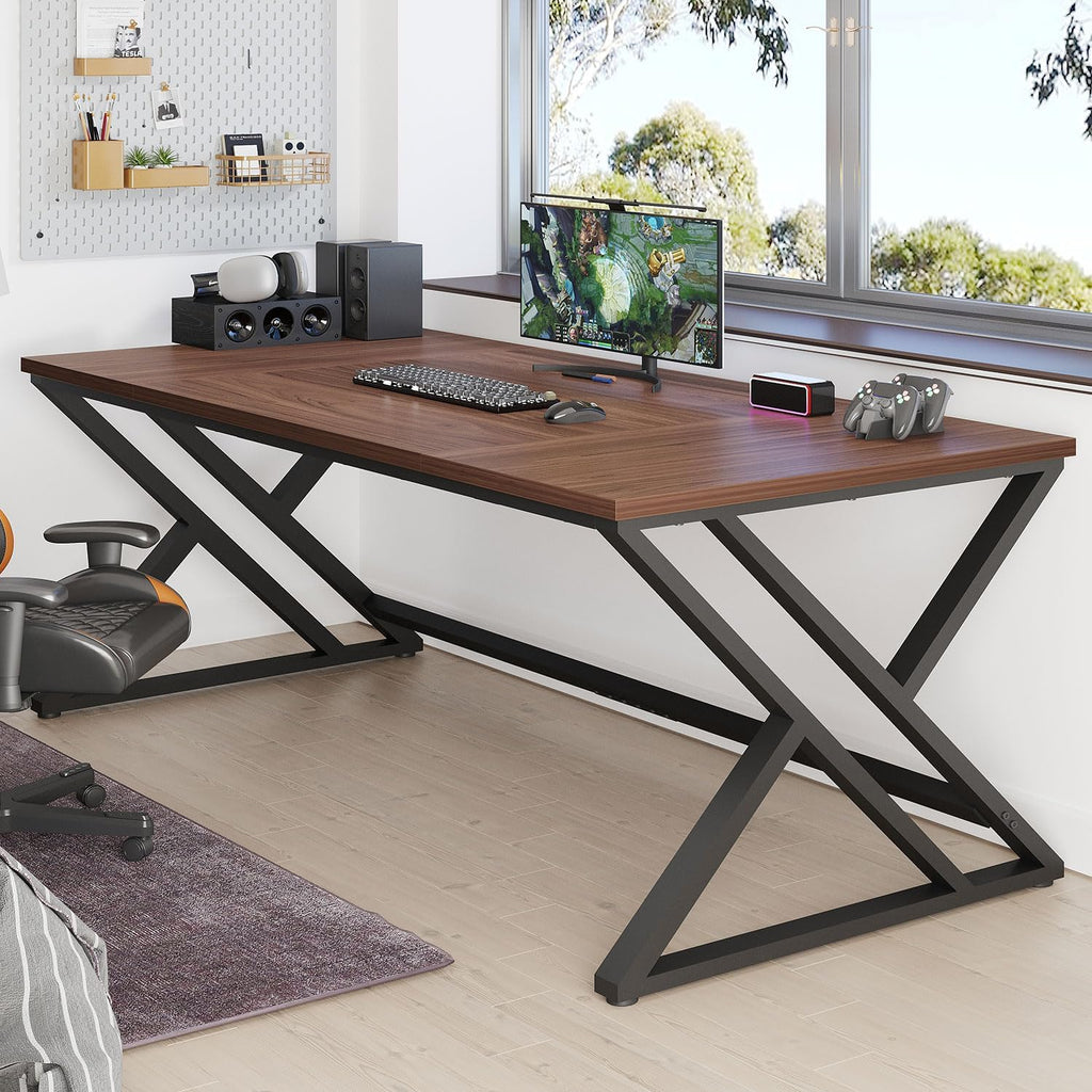 LVB Walnut Large Office Desk, Modern Long Wood Metal Computer Desk 78.7 in | Industrial Rustic Double Workstation Desk for Two People, Vintage PC Executive Work Study Writing Computer Table for Home