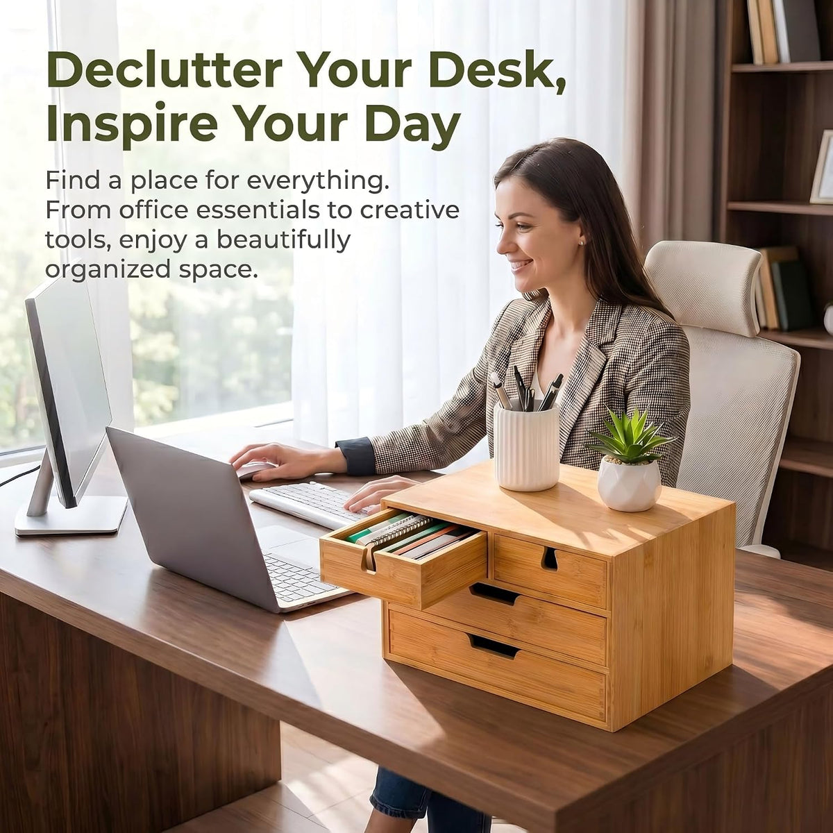 deayou bamboo desk organizer, 100% natural bamboo desktop on a desk or shelf