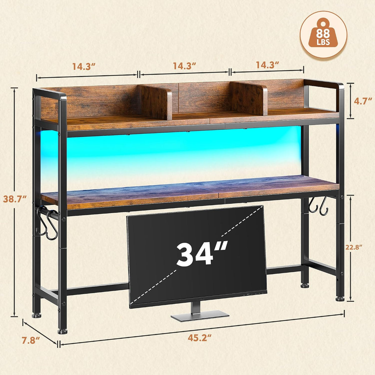 REIBII 2-Tier Desk Shelf, LED, Bedroom and Home Office, Rustic Brown