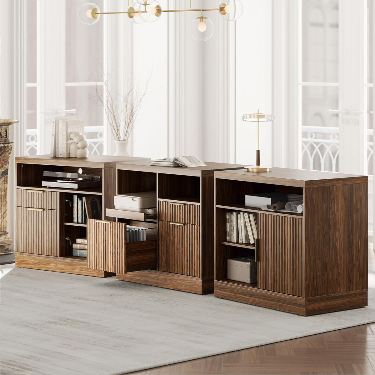 3 drawer file cabinet, fluted wood lateral filing, view 9
