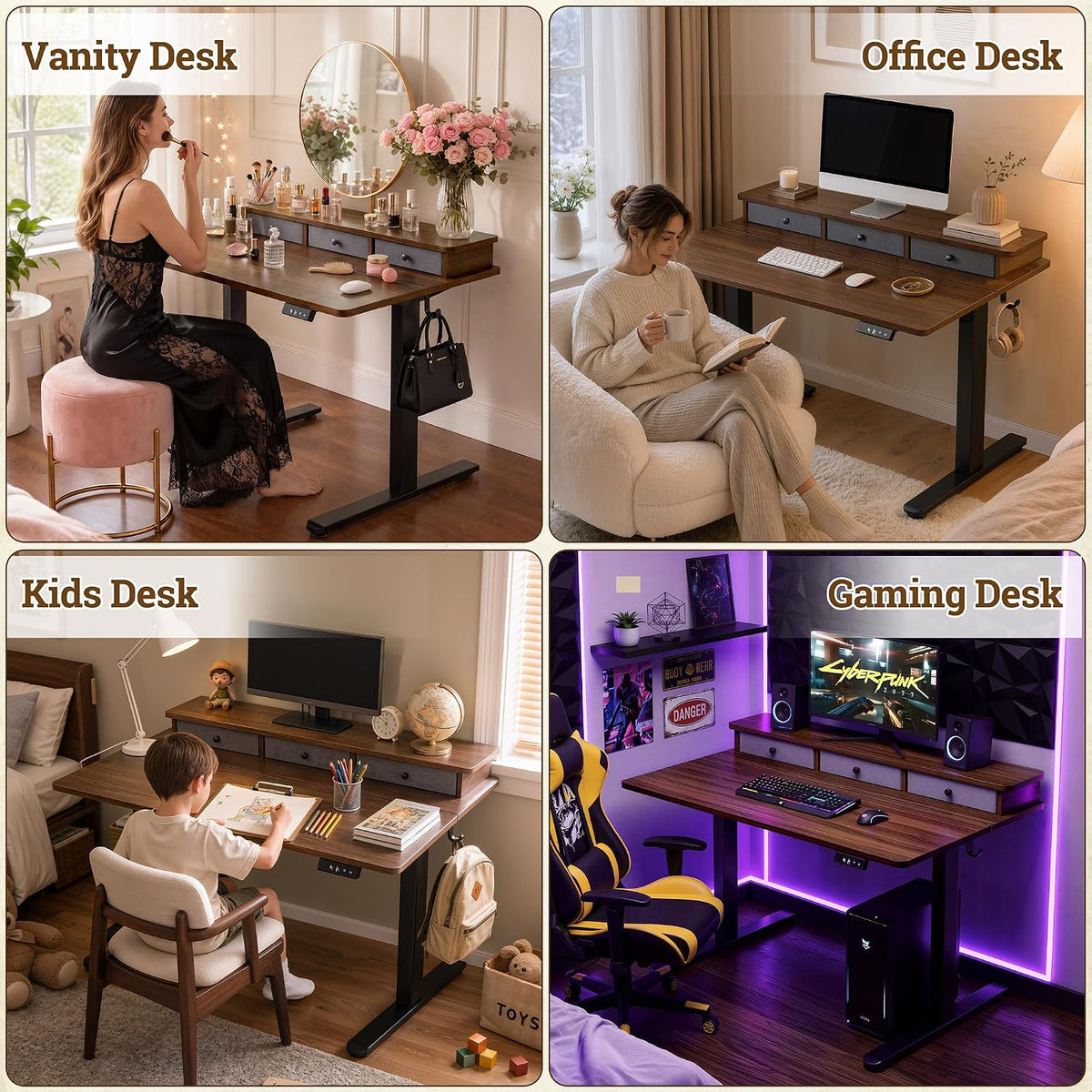 TIQLAB Small Standing Desk with 3 Drawers, 40" Computer Desk Vanity, Walnut