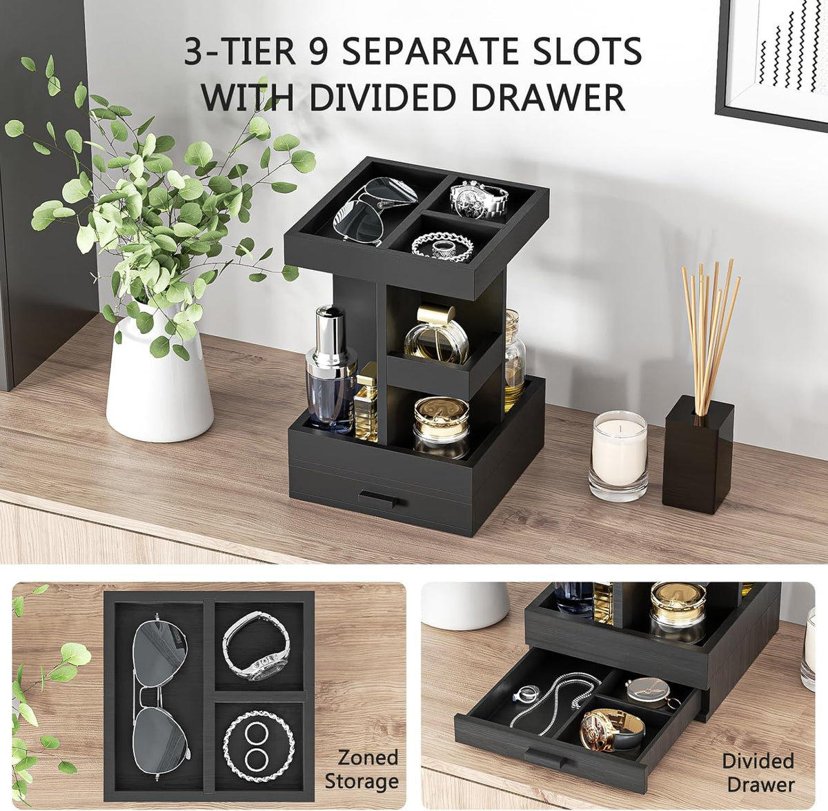 Rotating Cologne Organizer for Men, 3 Tier Wooden Stand with Drawer
