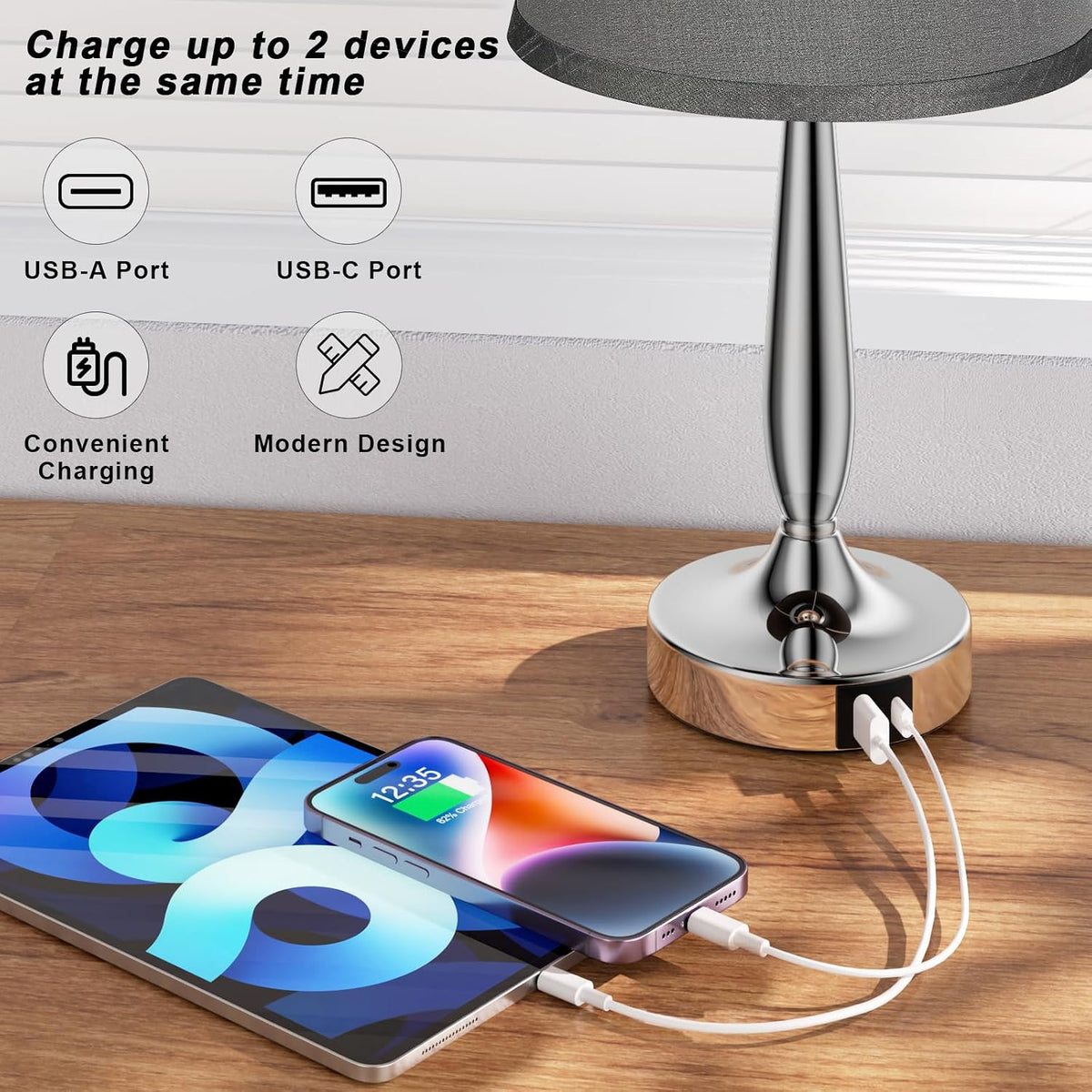Kakanuo Touch Table Lamp for Bedroom, Small Bedside Lamp with USB C Port