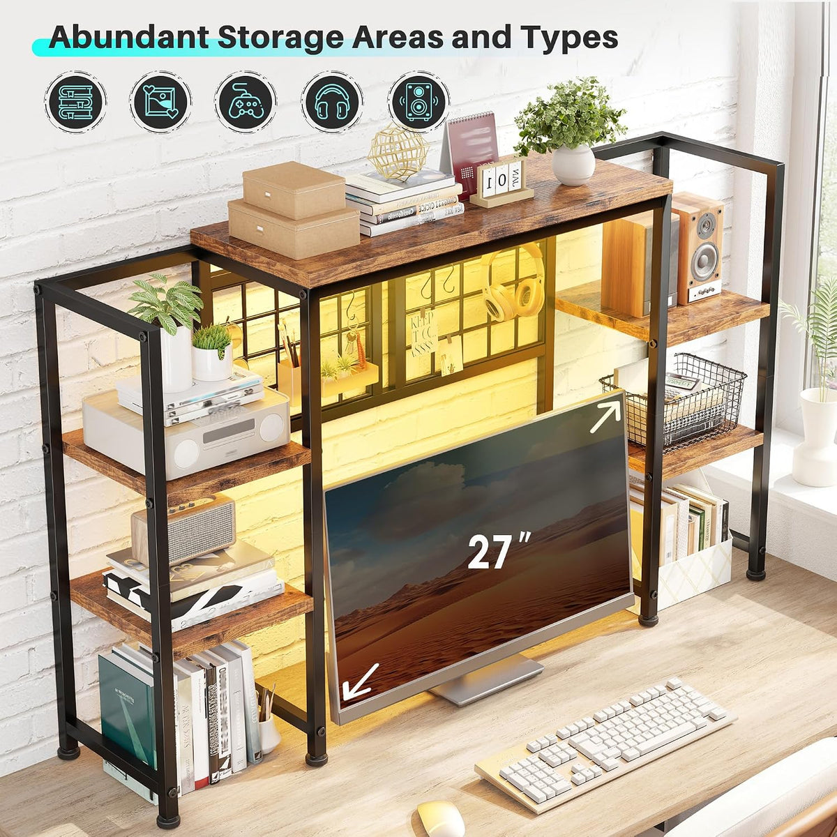 REIBII 5-Tier Desk Shelf with LED for Home Office Dorm, Rustic Brown