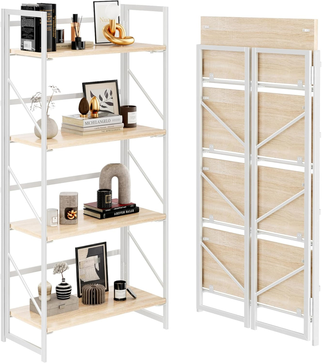 JSB No Assembly Folding Bookshelf, 4 Tier Industrial Metal Book Shelf