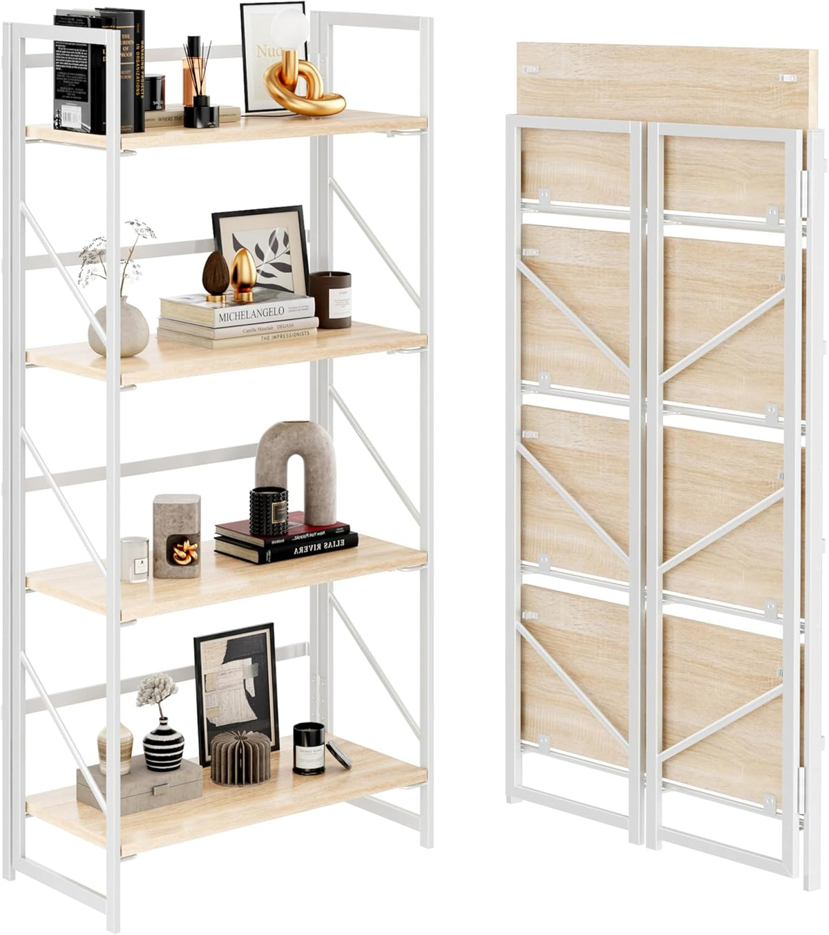 JSB No Assembly Folding Bookshelf, 4 Tier Industrial Metal Book Shelf