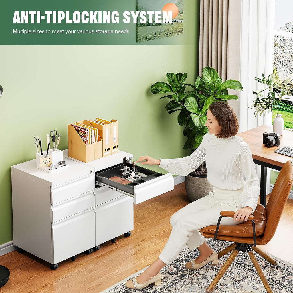 letaya 3 drawer mobile file cabinet with lock, side view