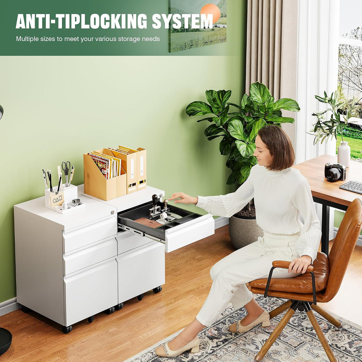 letaya 3 drawer mobile file cabinet with lock, side view