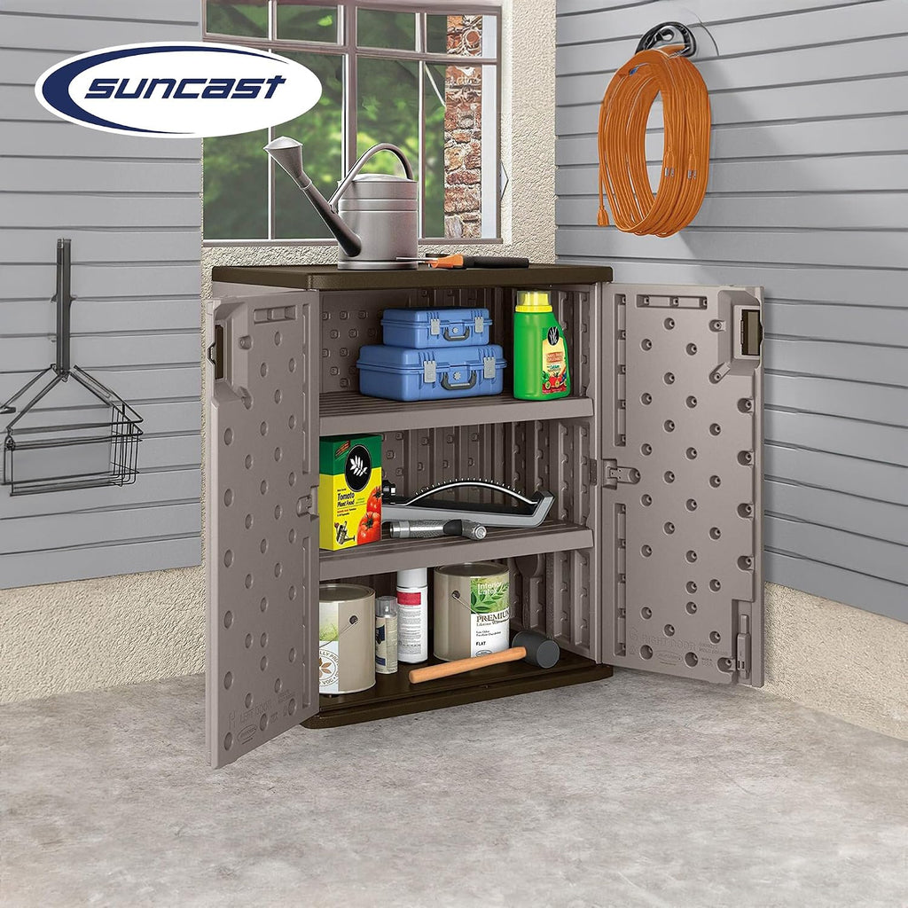 suncast 9 cu ft base storage cabinet, lockable shown in use