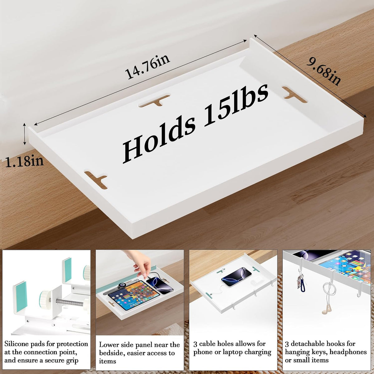 Foldable Bedside Shelf, Metal Clip-On Bed Tray Table for Bunk Bed & Dorm ...