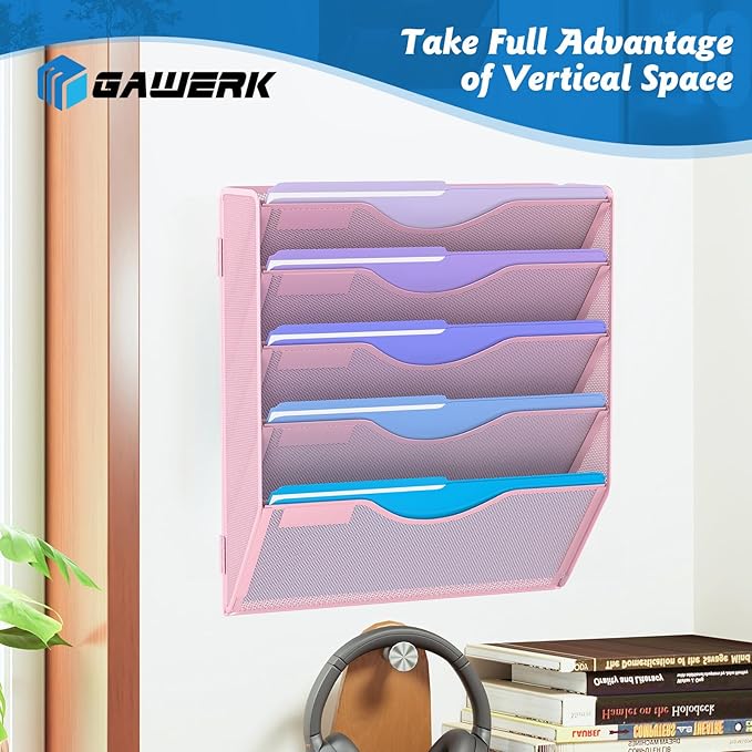 Gawerk 5 Tier Hanging Wall File Organizer, Mesh Mail Paper Orgnization Hanging - Image 4