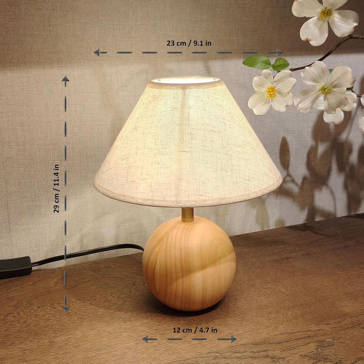 Wood Table Lamp for Bedroom, Flaxen Fabric Shade Small Desk Lamp for Living R...