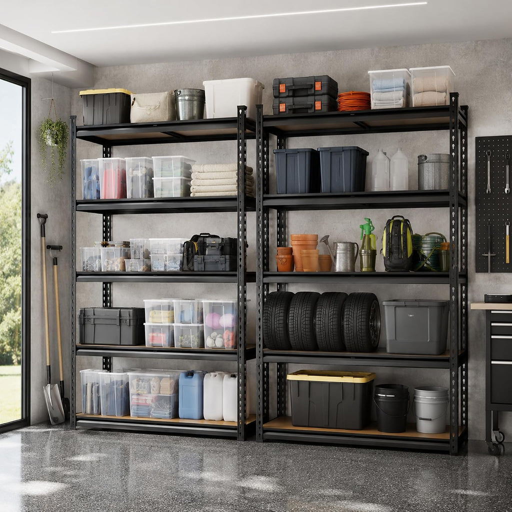 garage shelving, 36"w x 16"d x 72"h, 5-tier shown in use
