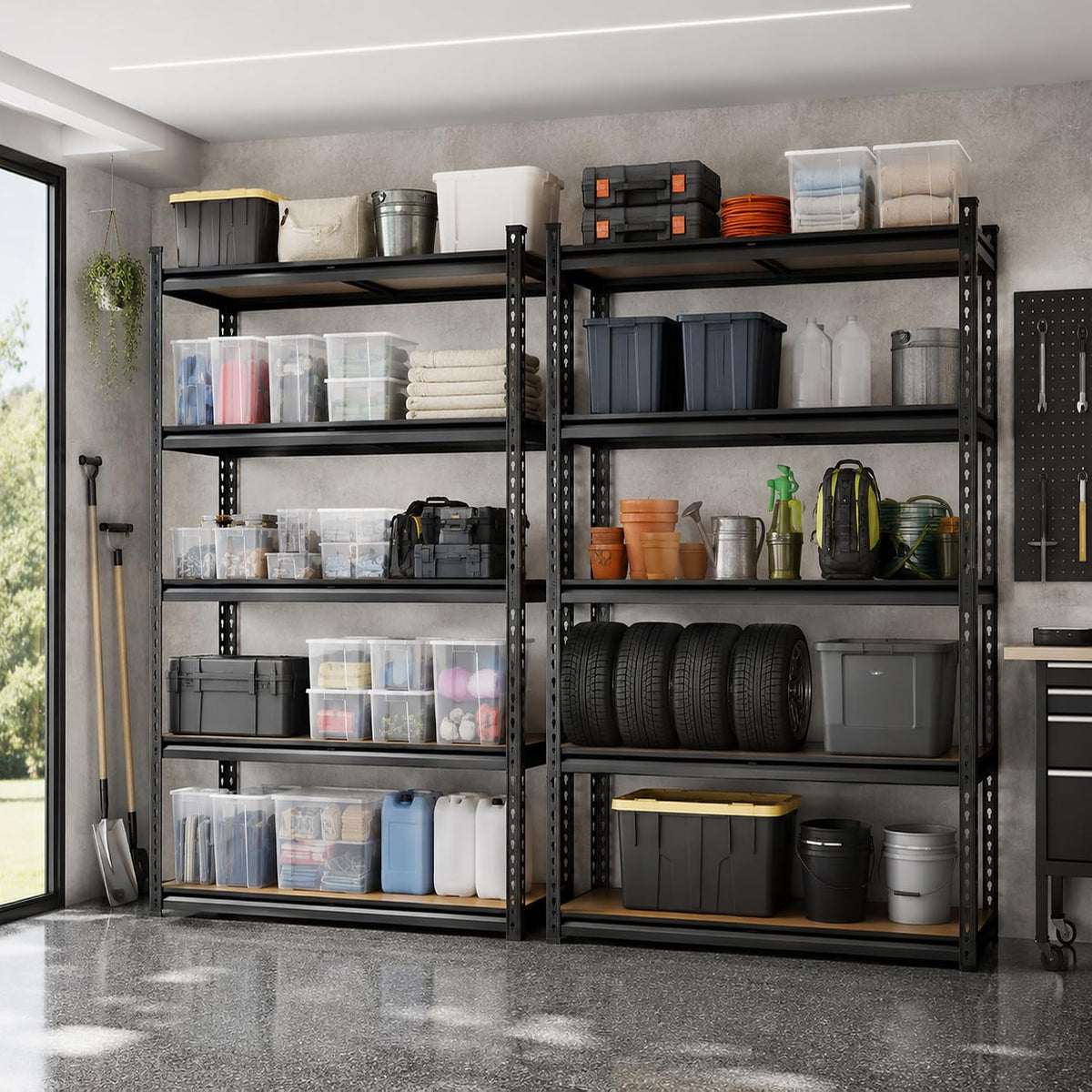 garage shelving, 36"w x 16"d x 72"h, 5-tier shown in use