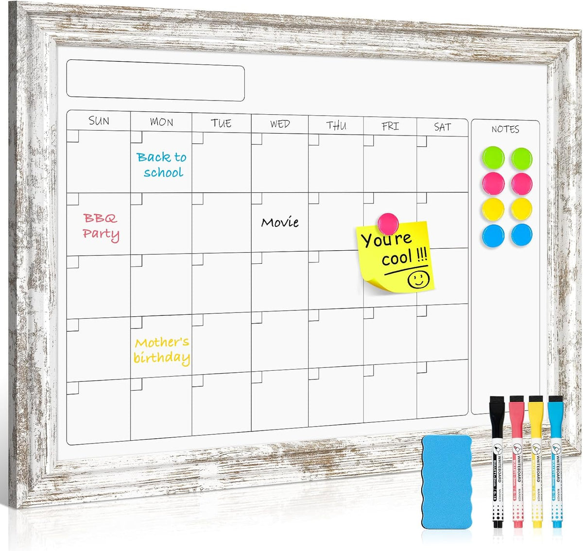 Monthly Dry Erase Calendar Whiteboard for Wall, 24"x18", Rustic Woo...