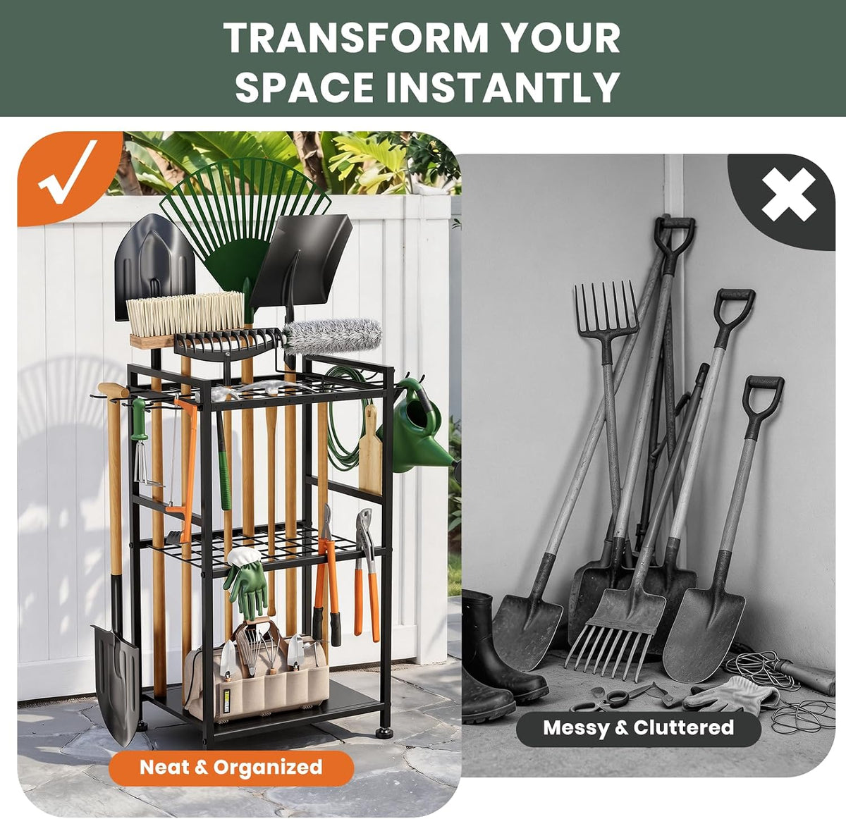 SPACECARE Garden Tool Organizer with Feet Up to 35 Long-Handled Tools Black