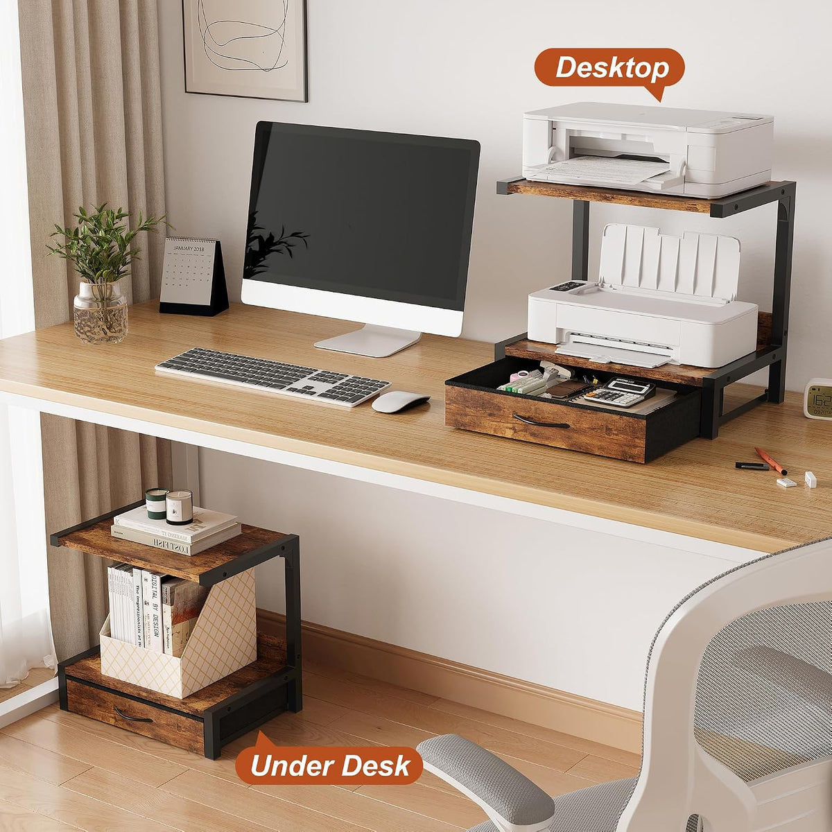 Printer Stand for Desk, Desktop Printer Stand with Fabric Drawer, 2-Tier Desk...