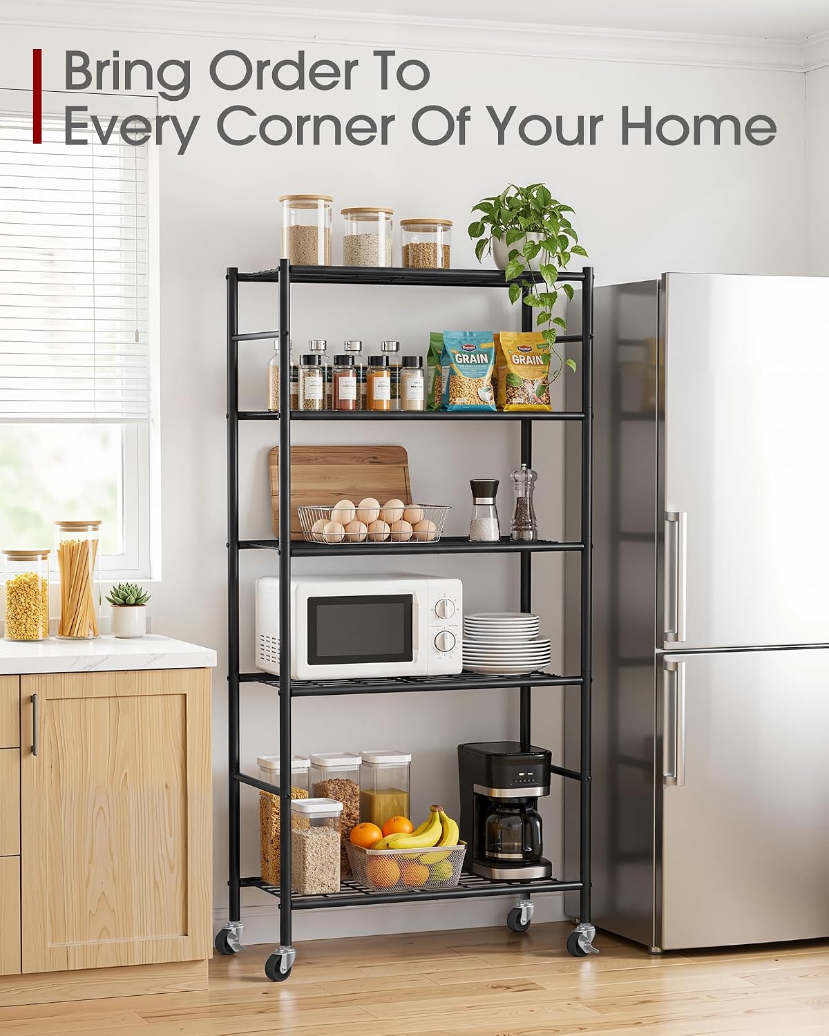 sakugi 5-tier storage shelves 33.1" x12.6" x73.5" black showing dimensions