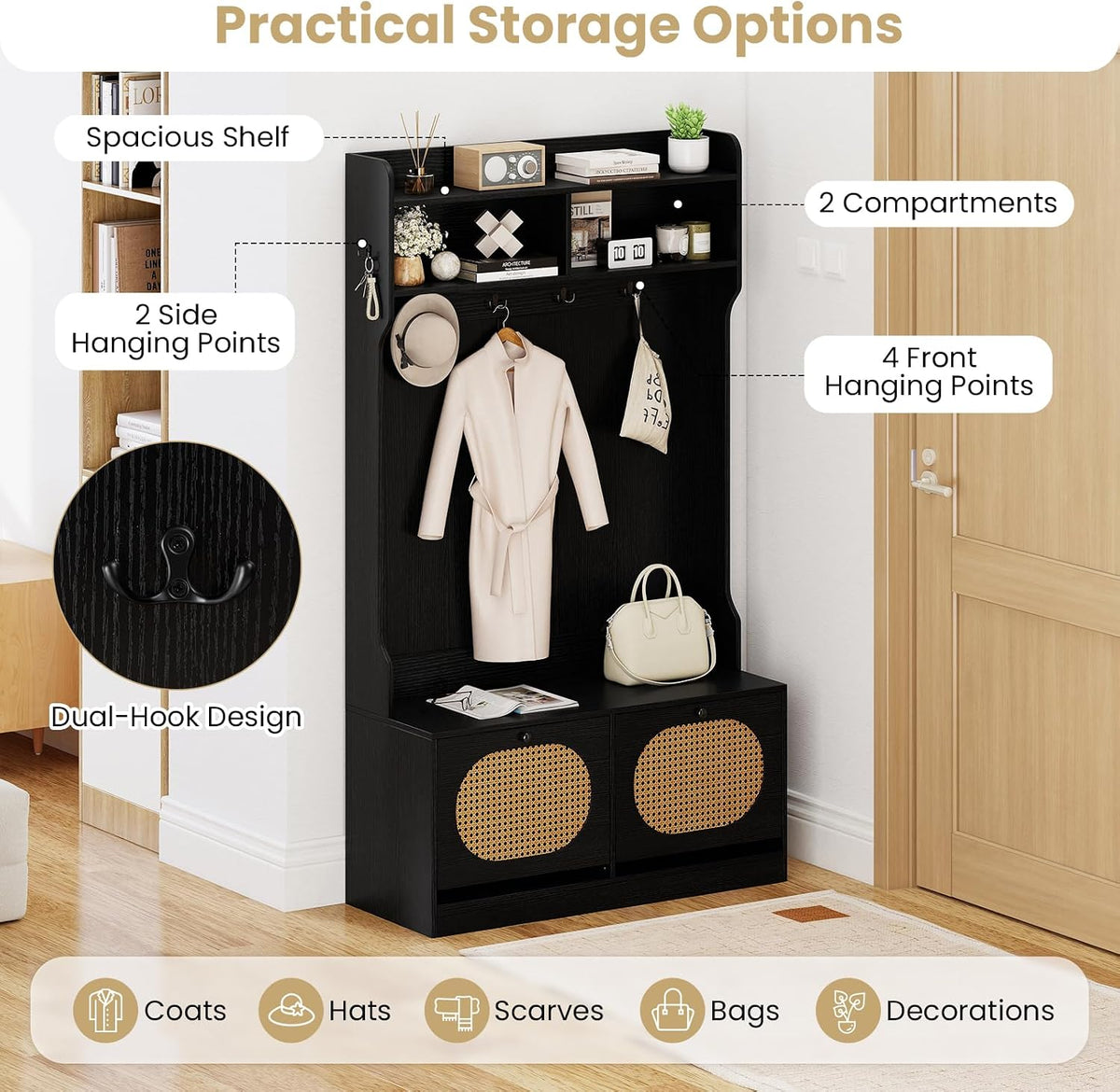 GIANTEX 4-In-1 Hall Tree with Bench and Shoe Storage, Entryway Bench with Coa...