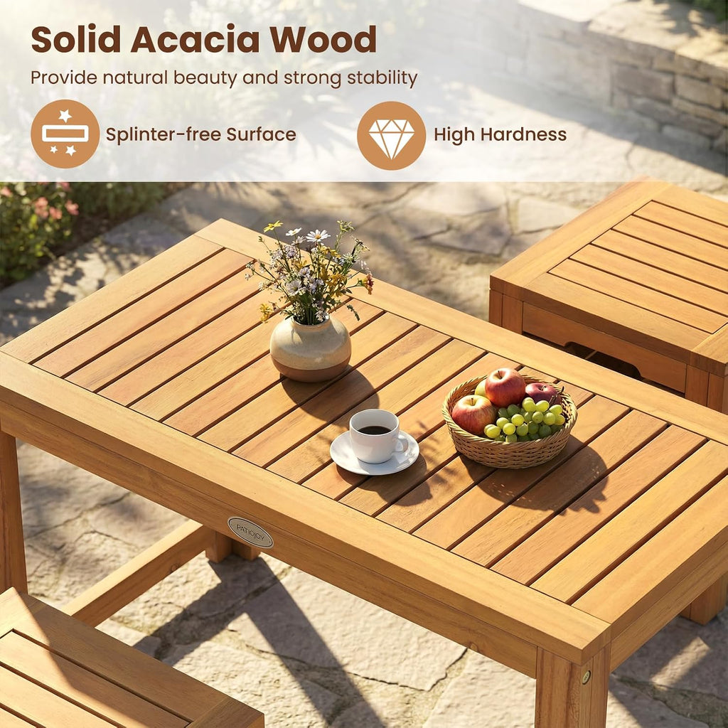 tangkula acacia wood outdoor coffee table with stools, side view