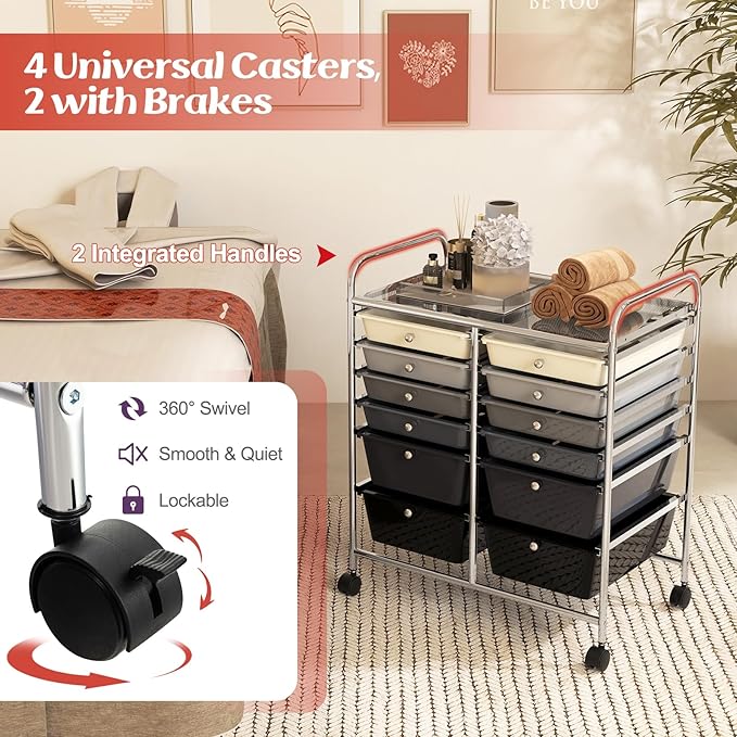 LDAILY 12 Drawer Rolling Storage Cart, Craft Cart Organizer on Wheels w/Metal - Image 6