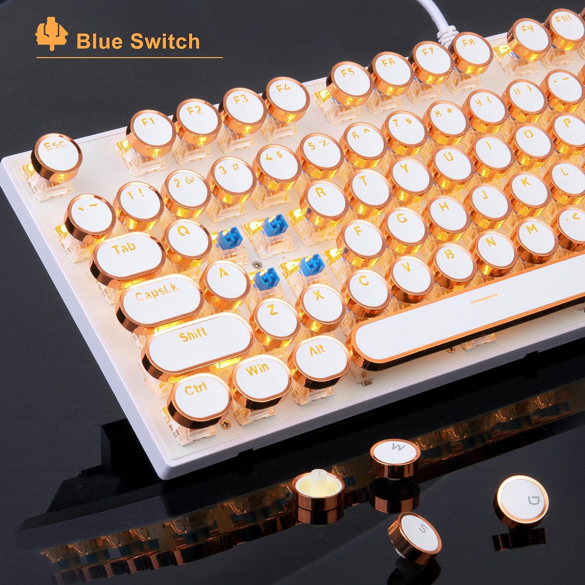 MageGee Typewriter Mechanical Gaming Keyboard, Retro Gold Punk Round Keycaps ...
