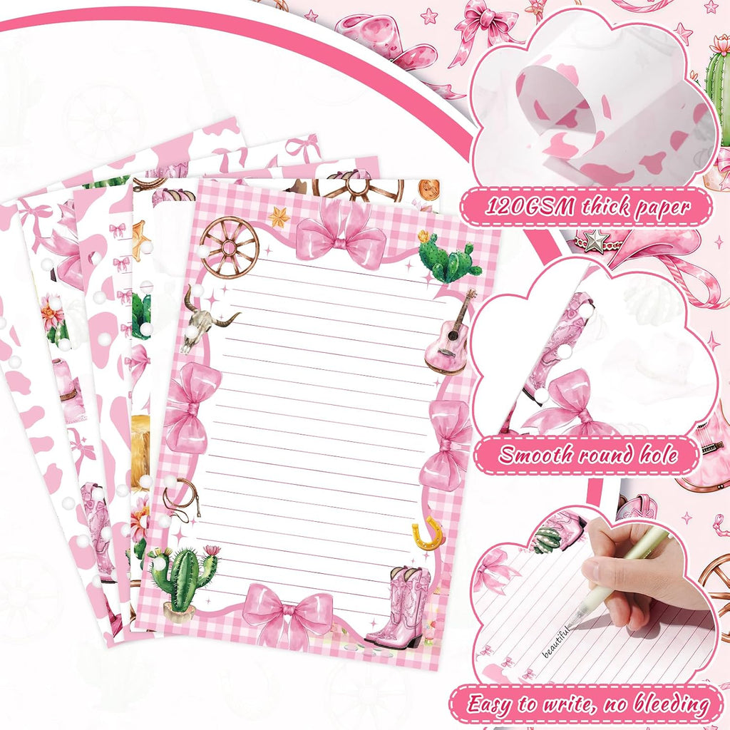 100 Sheets Cowgirl A5 Planner Inserts - 120GSM Thick Pink Bow Refill Paper for A5 6-Ring Binder, Western Cowgirl Boots 6 Hole Loose Leaf Sheets for Journal Diary Notebook Budget Creative Planning