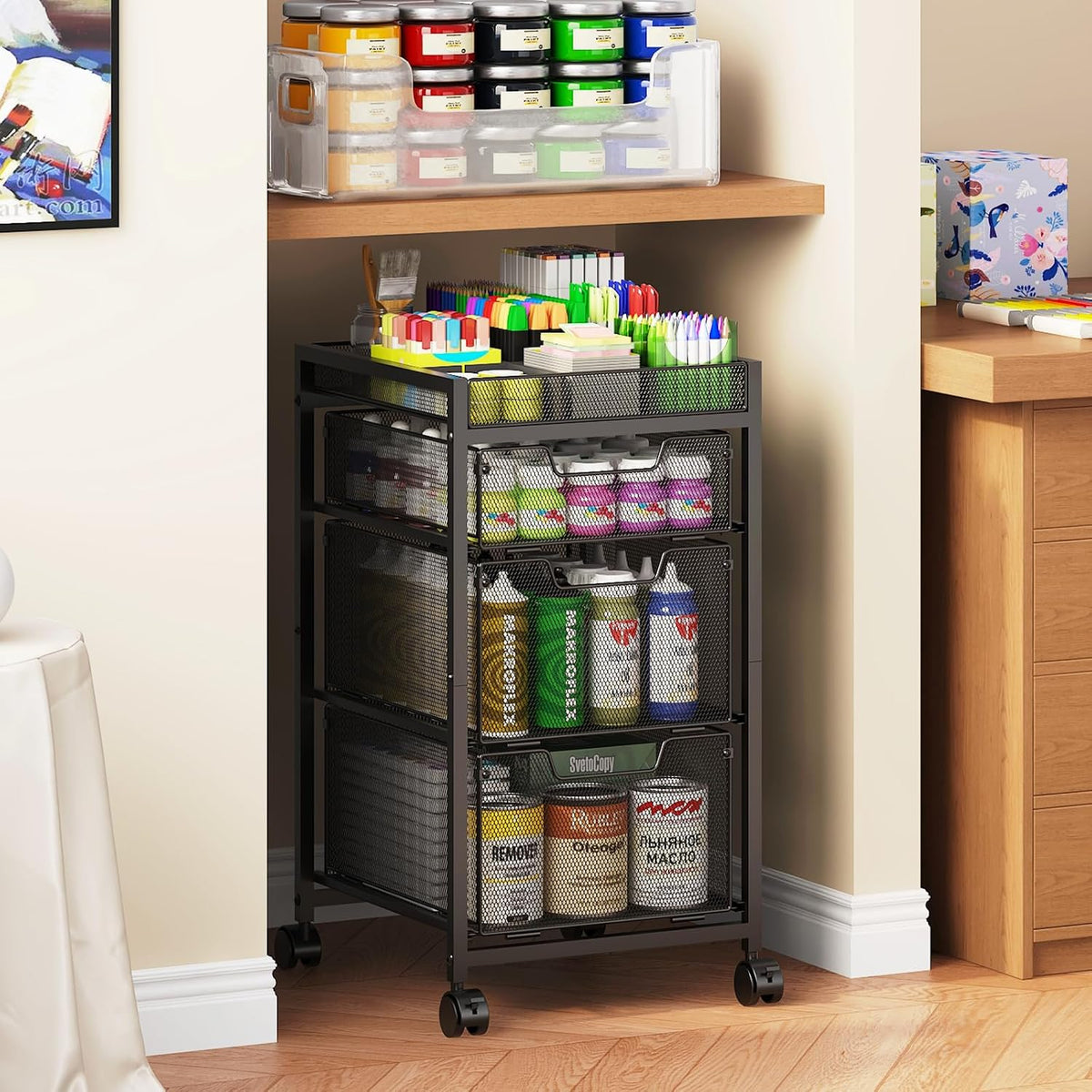 Rolling Utility Cart with 3 Drawers, Craft Organizer and Storage with DIY Div...