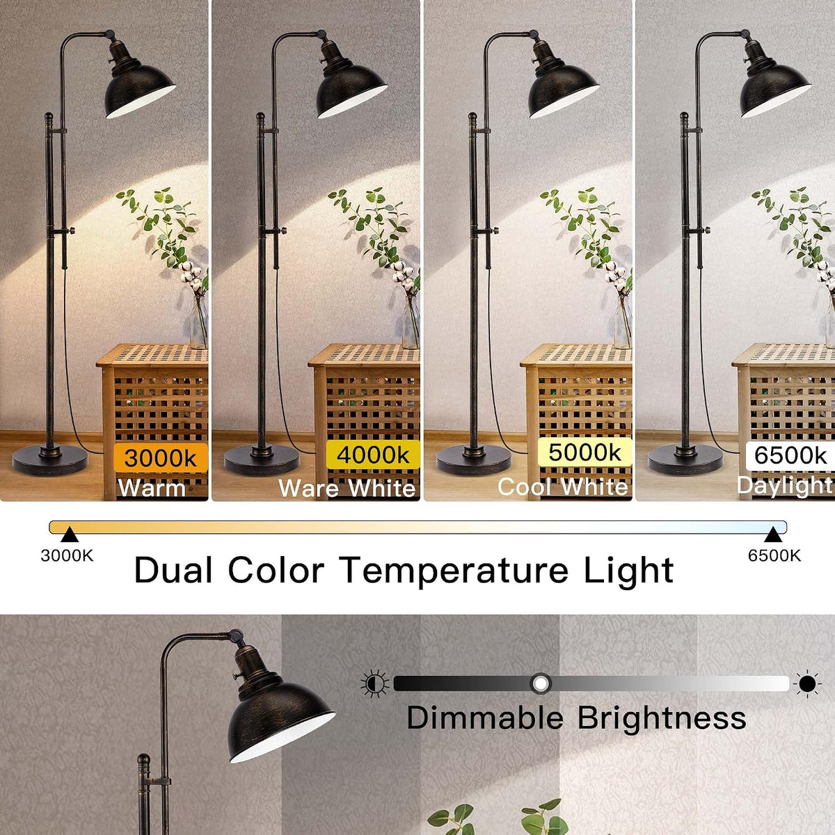 PARTPHONER Industrial Floor Lamp Adjustable, Rustic Farmhouse Reading Lamp in...