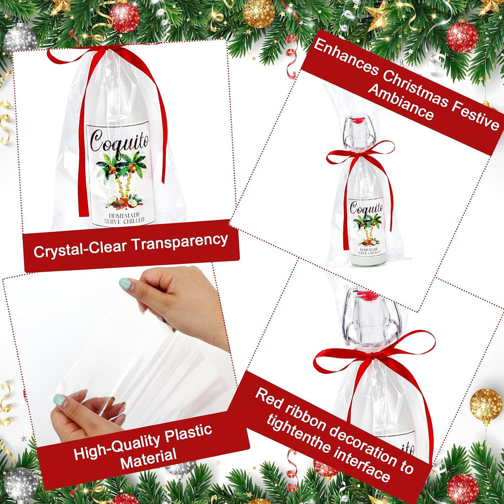 50 Sets Christmas Coquito Wine Bottle Label Stickers Kits - Cellophane Bags with Elegant Bottle Bow Decorations, Family Holiday Christmas New Year Party Supplies, Festive Table Decor (No Bottles)