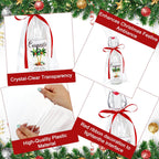 50 Sets Christmas Coquito Wine Bottle Label Stickers Kits - Cellophane Bags with Elegant Bottle Bow Decorations, Family Holiday Christmas New Year Party Supplies, Festive Table Decor (No Bottles)