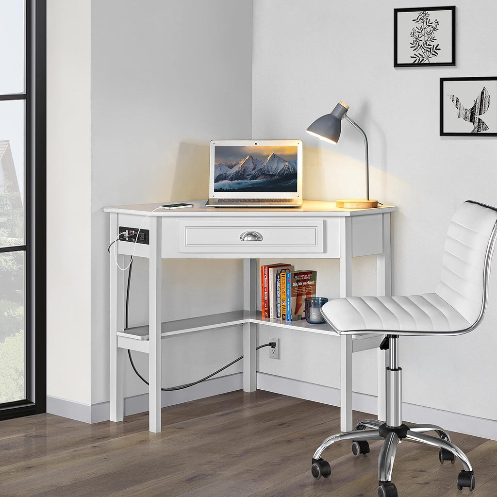 Yaheetech L-Shaped Corner White Desk and White Chair | USB ports, storage drawer and shelf, space-saving corner fit, modern style, sturdy frame, for home office or gaming.