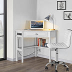 Yaheetech L-Shaped Corner White Desk and White Chair | USB ports, storage drawer and shelf, space-saving corner fit, modern style, sturdy frame, for home office or gaming.