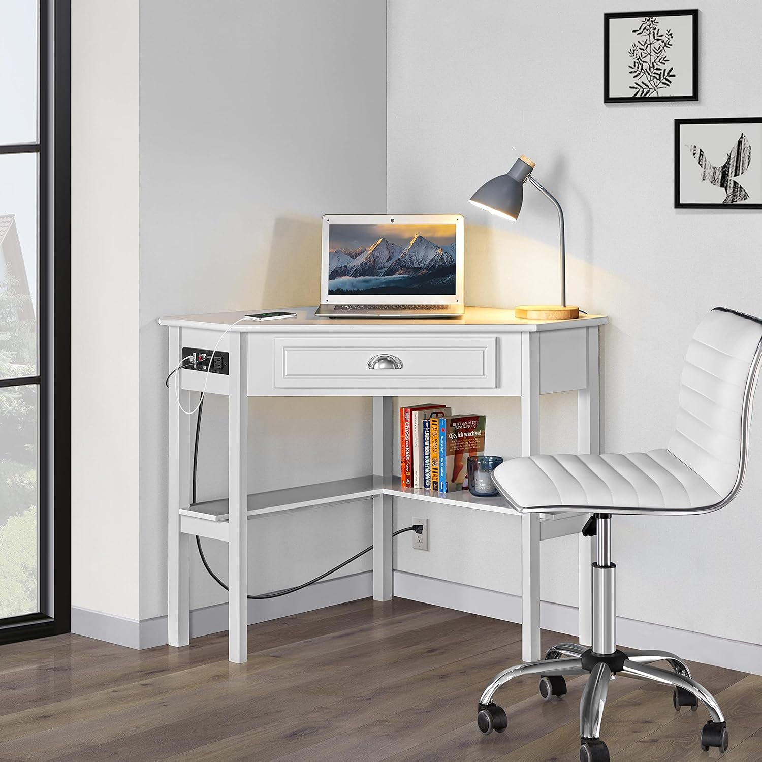 Yaheetech L-Shaped Corner White Desk and White Chair | USB ports, storage drawer and shelf, space-saving corner fit, modern style, sturdy frame, for home office or gaming.