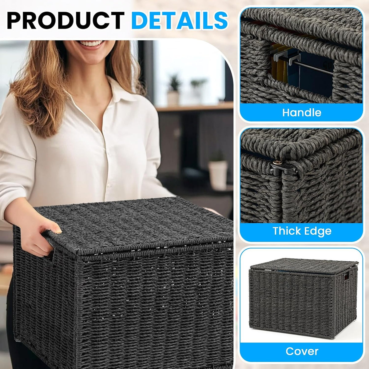 Cinnvoice Decorative File Box, Letter Legal Size, Black, Paper Rope