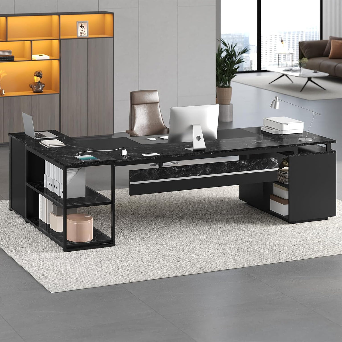 78" Executive Desk with Lockable File Cabinet, L Shaped Office Desk with...