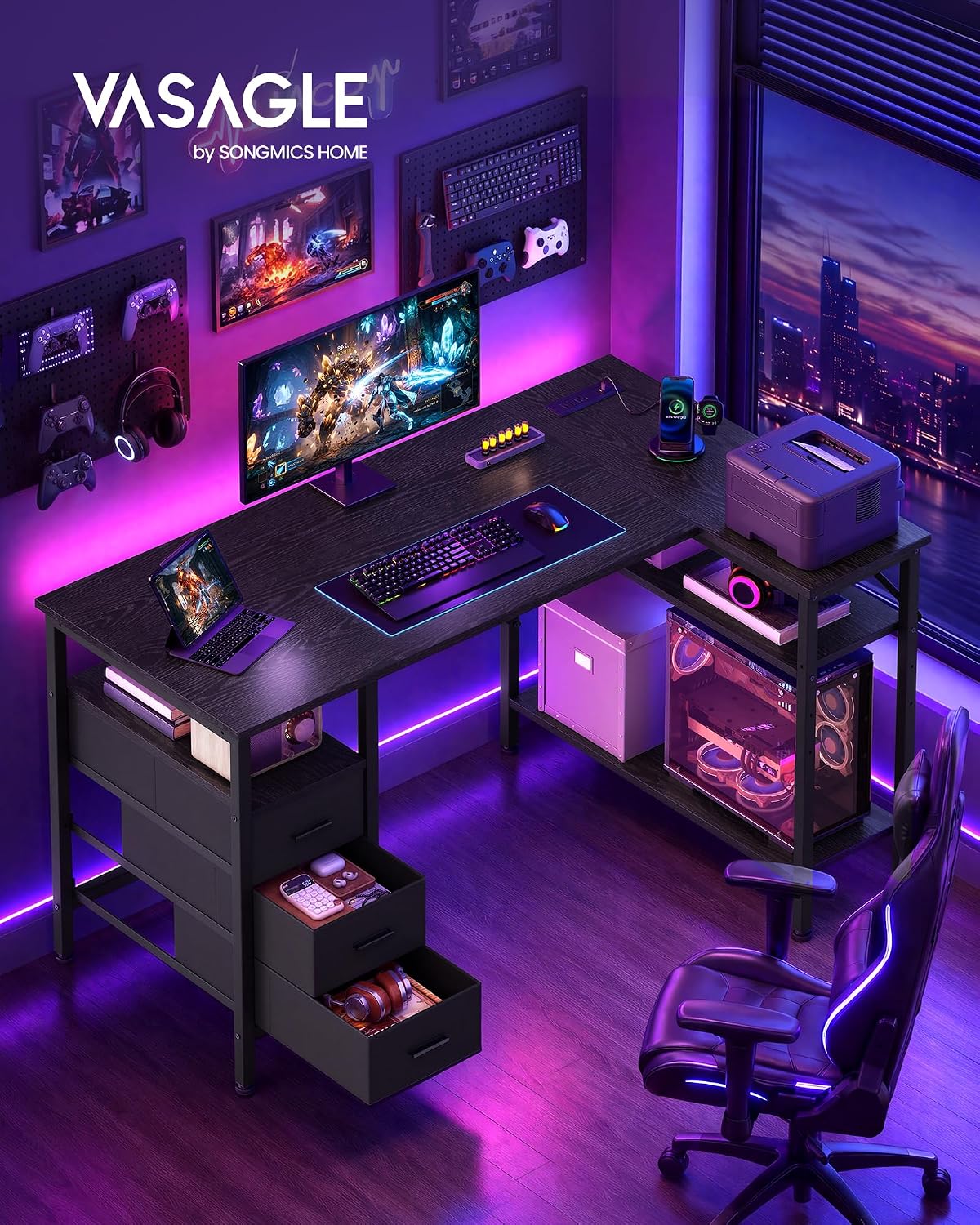 VASAGLE L Shaped Computer Desk with Drawers, Small Gaming Desk with Shelves