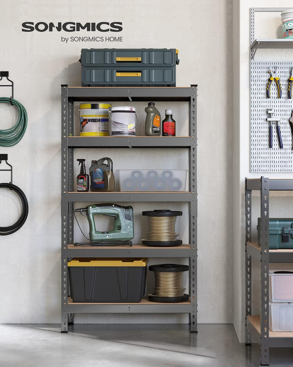 songmics 5-tier storage shelves, load 2310 lb, garage shown in use