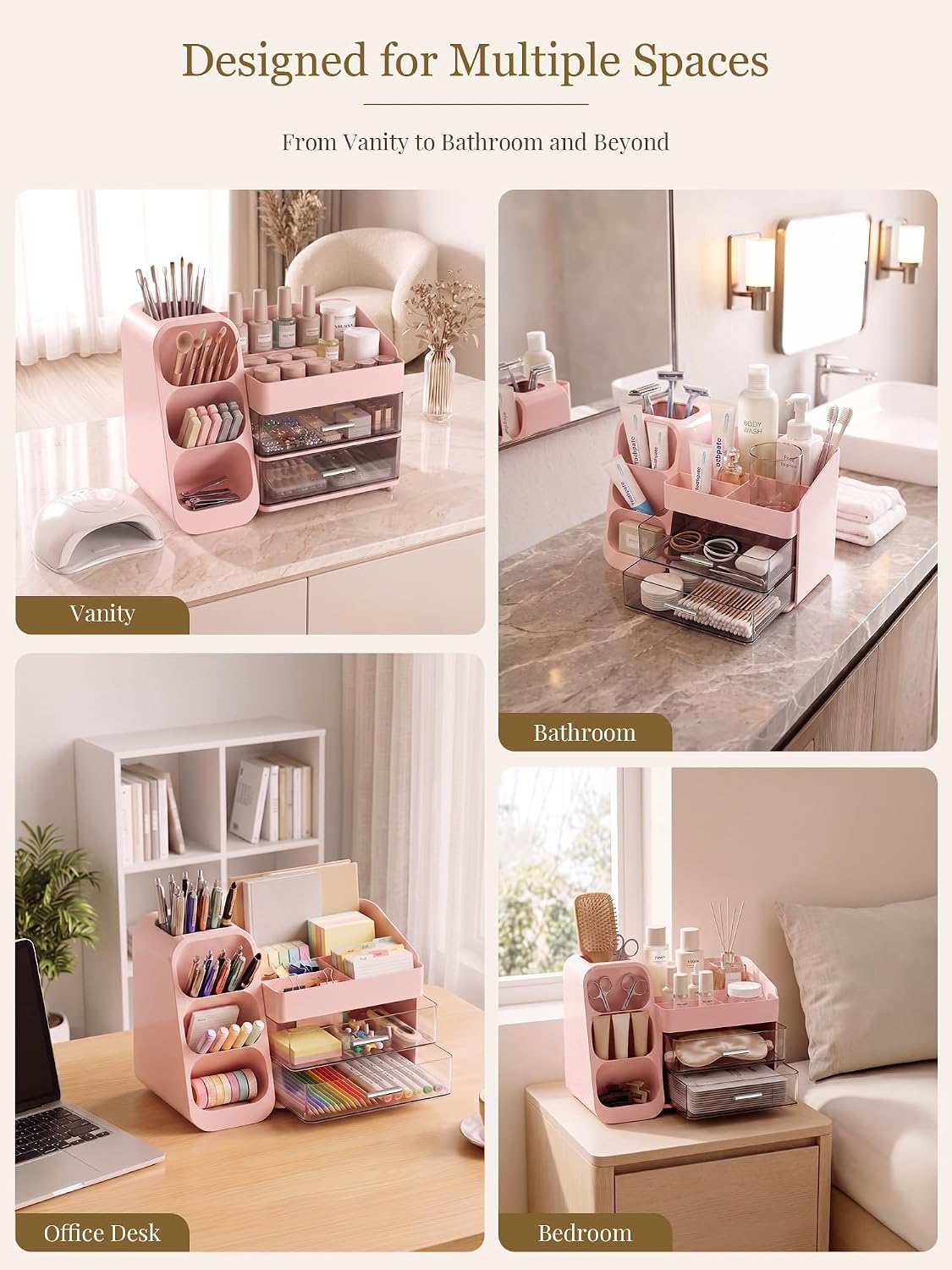 Booklov Large Makeup Organizer for Vanity Countertop, Pink