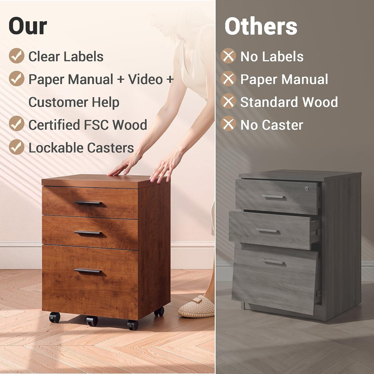 devaise 3 drawer file cabinet, wood under desk, front angle view