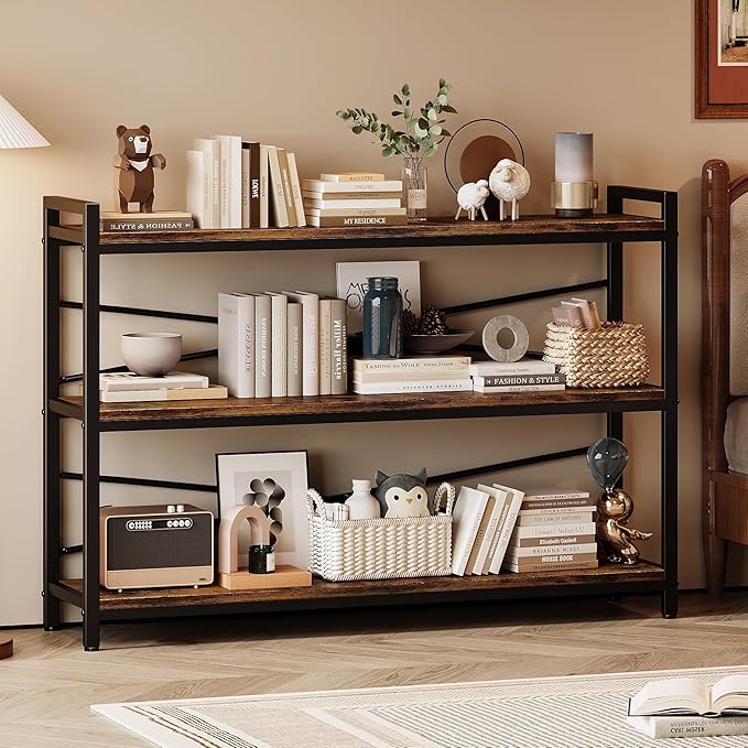 3 Tier Bookshelf 47.24" Width, Wood and Metal Etagere Bookcase, Vintage - Image 2