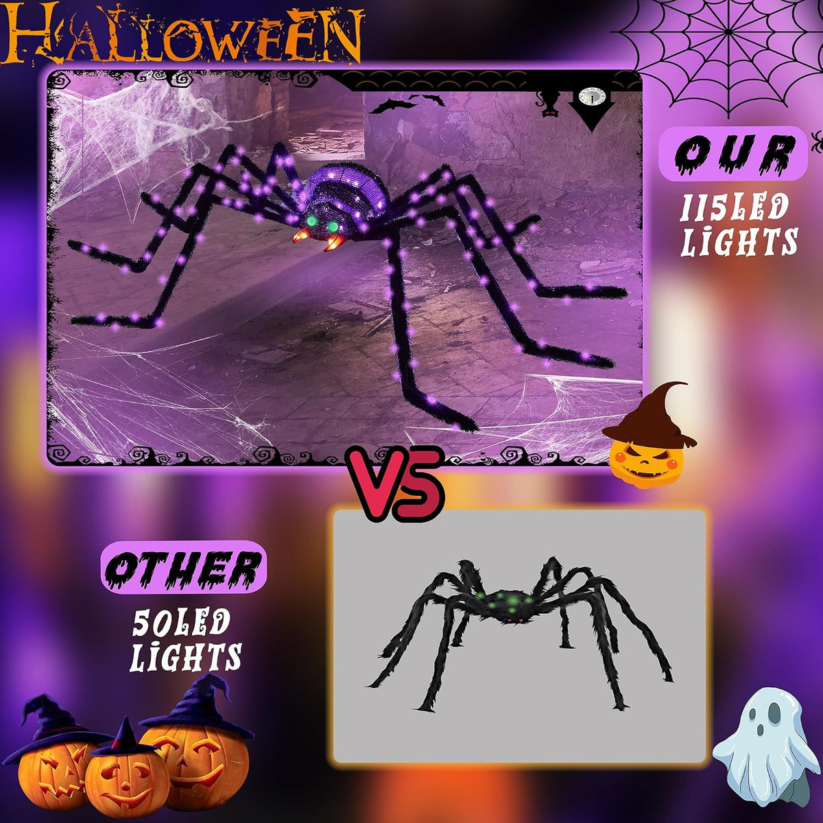 6.8Ft Giant Spider Halloween Decorations Outdoor 82" Light Up Spider wit...