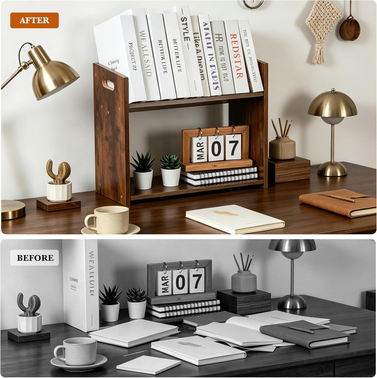 Desktop Bookshelf, 2 Tier Desk Shelf Organizer, Wood Office Tabletop Bookcase...