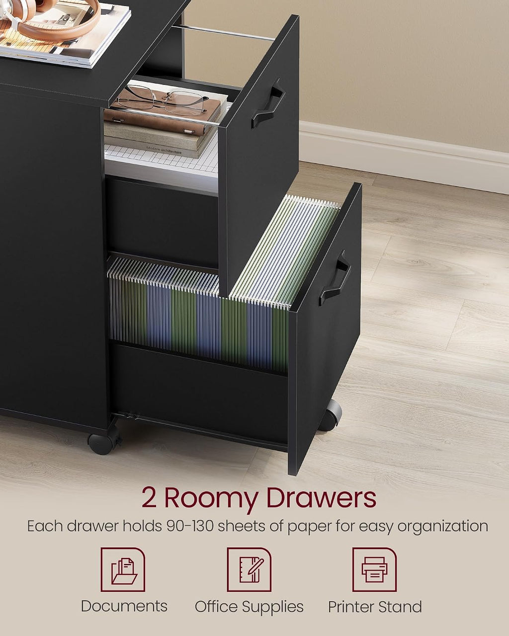 vasagle 2-drawer file cabinet, small rolling filing cabinet, side view