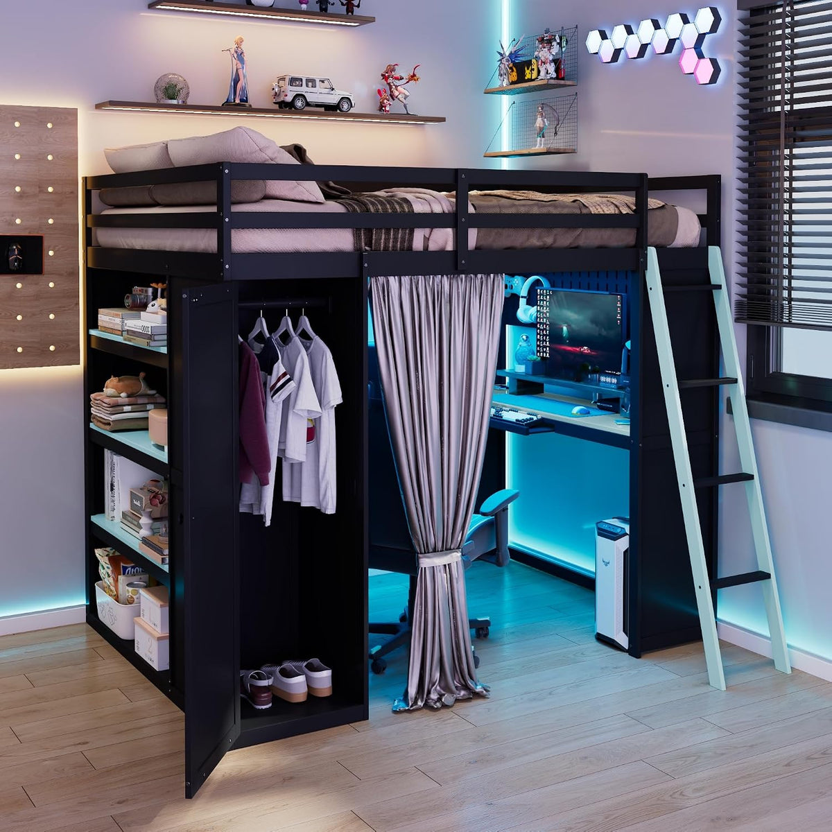 Merax Full Size Loft Bed with Desk and 6 Storage Shelves, Wardrobe, Blackout ...