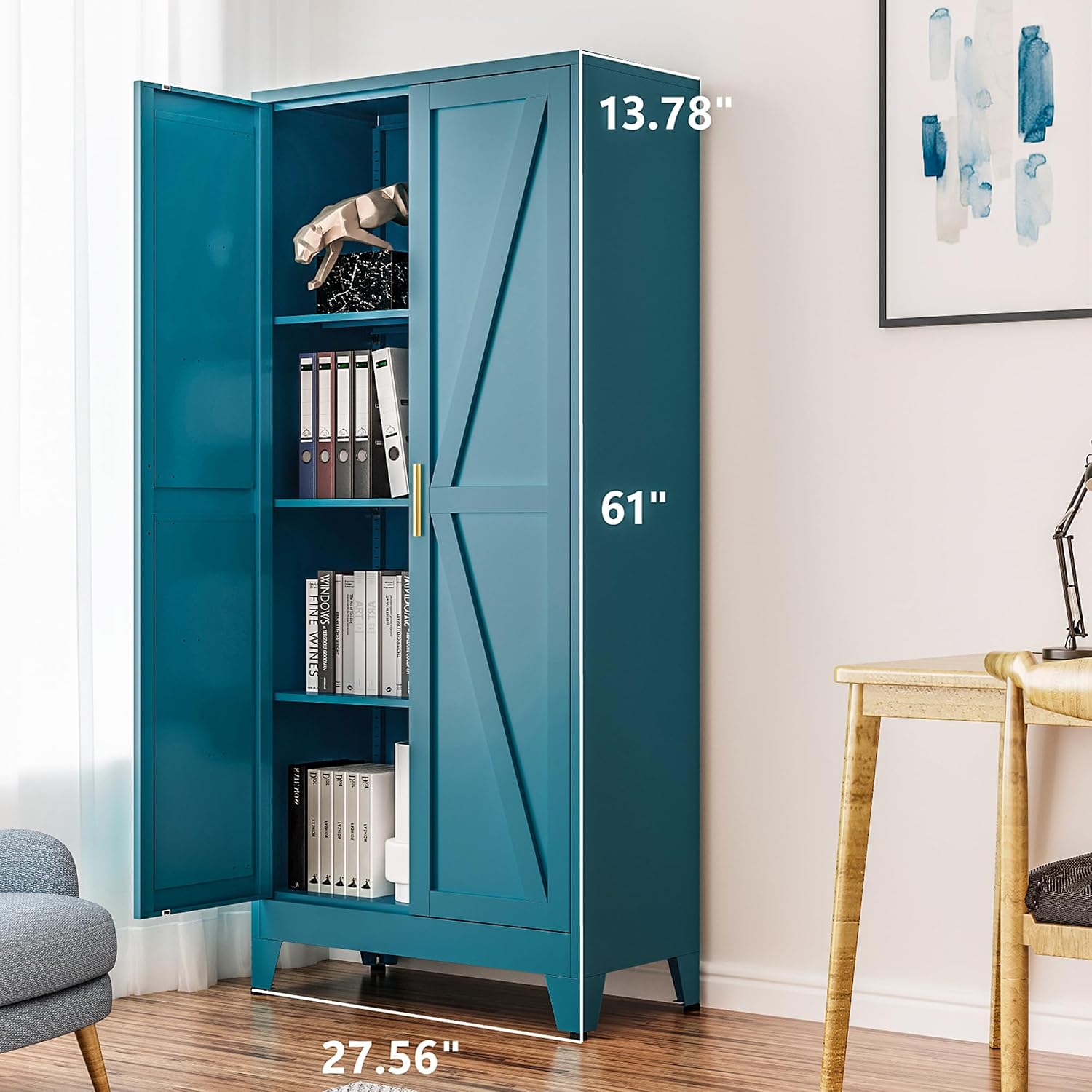 Washsemba 61" Tall Farmhouse Metal Pantry Cabinet, Kitchen Pantry Storage Cabinets with 2 Barn Door and Adjustable Shelves,for Kitchen,Laundry Room,Home Office,Kids Room （Peacock Blue