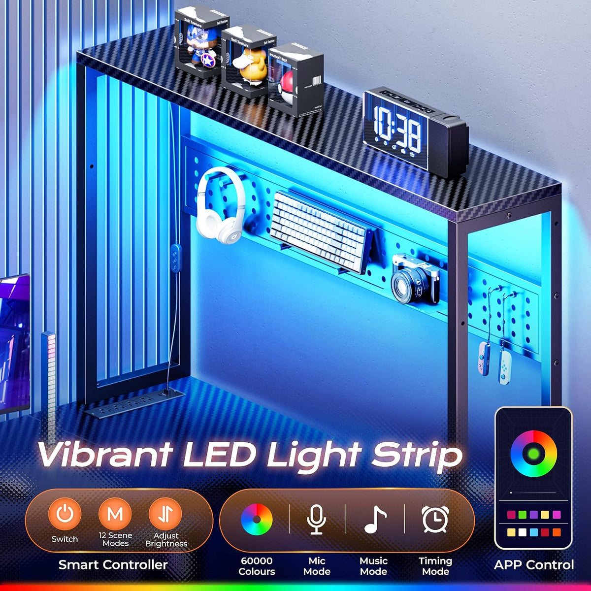 PRAISUN L Shaped Gaming Desk with LED Lights & Power Outlets