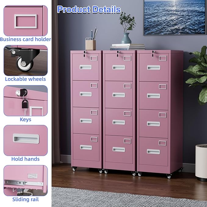 METAN 4 Drawer File Cabinet on Wheels, Lockable Metal Filing Cabinet - Image 4