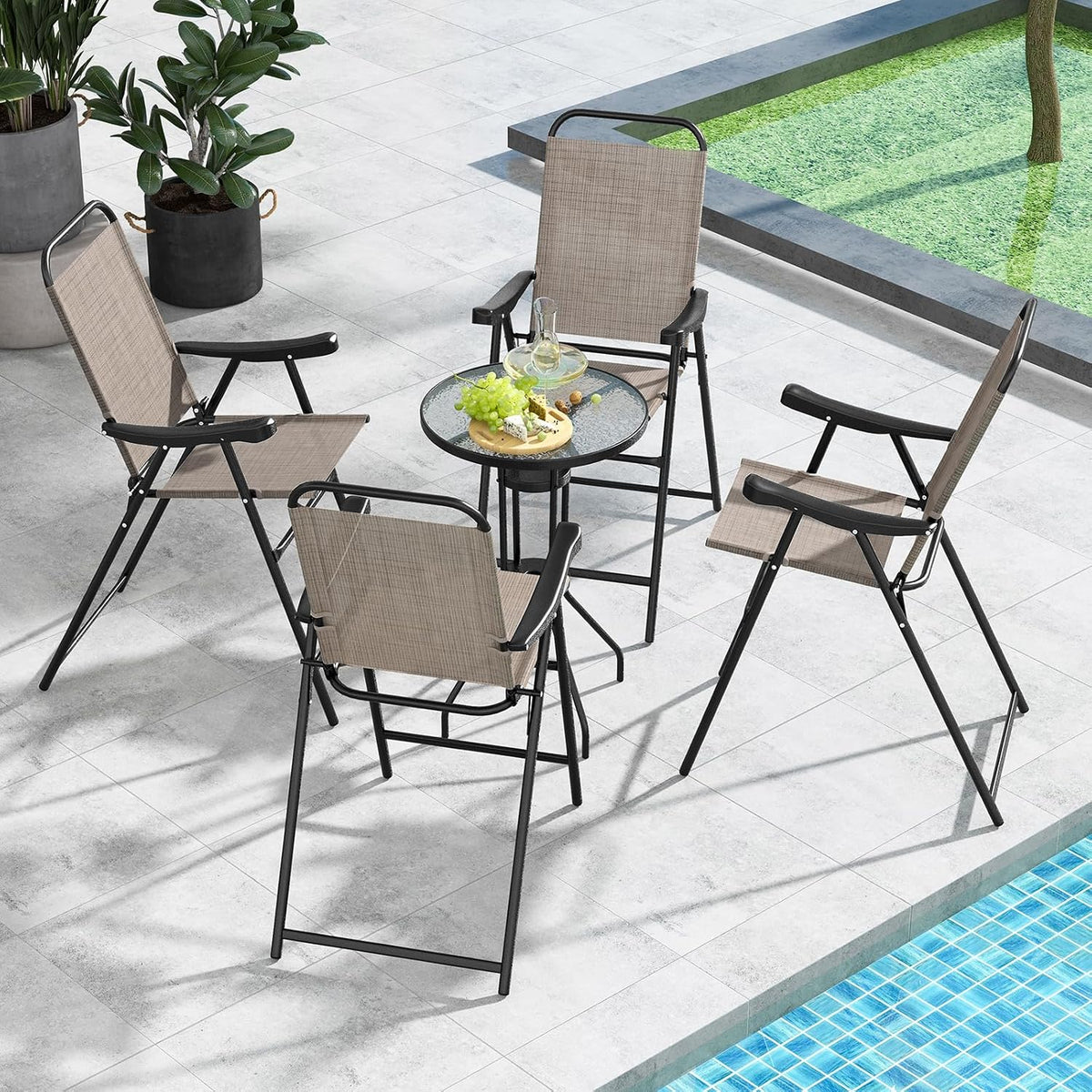 COSTWAY 4 Pieces Patio Folding Bar Chairs with Metal Frame, Footrest, Arms